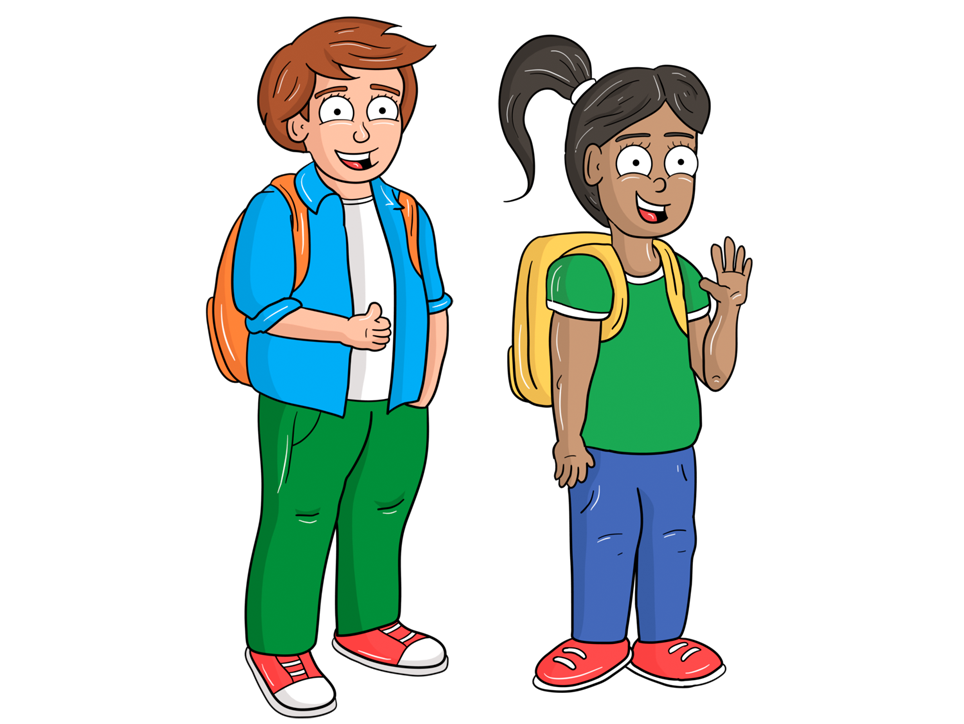 Los personajes de ReciclaTEC: dos estudiantes y el robot